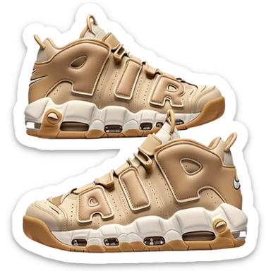 Clean iOS-style emoji of a pair of beige Nike Air More Uptempo sneakers, with left and right shoes arranged with one slightly behind the other, simple minimal design with subtle shadows sticker