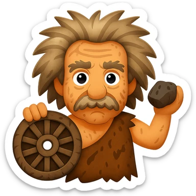 Make Albert Einstein as a caveman with a stone wheel look more primitive, with rougher clothing, messy hair, and a more rugged appearance, in emoji style with no background. sticker
