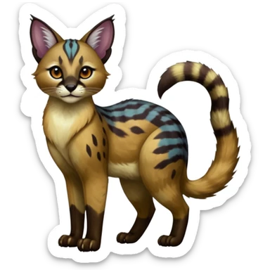 Dark murky gloomy foggy spooky colorful painted marked patterned Asian glorious divine exotic cute cool beautiful shiny beautiful fantasy-caracal-civet-genet-sergal-vernid-Cacomistle-oncilla-animal-Fakémon-hybrid-fursona (full body) sticker