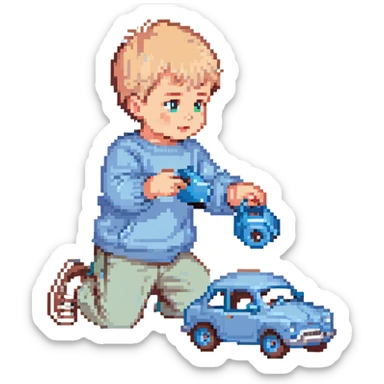 cute toddler boy with pastel blue clothes playing with a blue toy car sticker