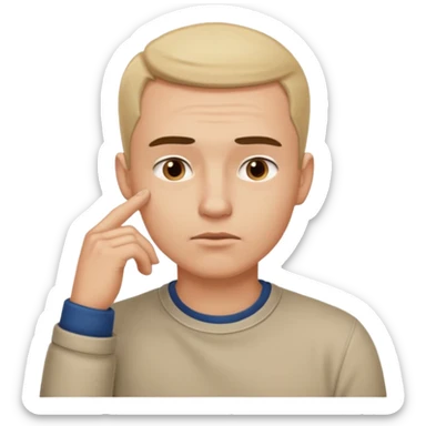 A clean-shaven man in casual clothing thinking critically, touching his chin with one hand, eyebrows slightly furrowed, focused and analytical expression. Neutral background, soft lighting, realistic emoji style. sticker