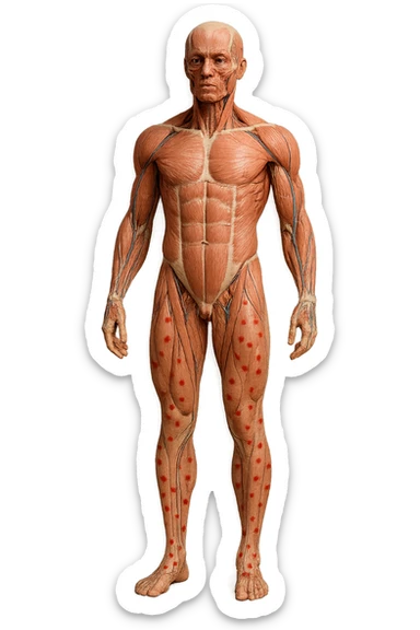 corpo umano anatomico a figura intera con red spot sparsi sulle gambe, iperrealistica in 3d sticker