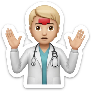 3D memoji doctor, hand raised forward in stop gesture, serious face, educational tone, white coat, stethoscope visible, centered, transparent PNG sticker