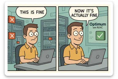 A two-panel meme in the style of 'This is fine'. In the first panel, a character sits calmly while data blocks are failing or disappearing, saying 'This is fine'. In the second panel, the system is stable thanks to Optimum with RLNC, and the character now says 'Now it's actually fine'. Use a clean, modern visual style with a tech-oriented background. sticker