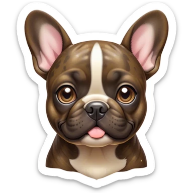 Cinematic Cute Brindle French Bulldog Portrait Emoji, Head tilted playfully and inquisitively, featuring a glossy brindle coat with a smooth texture and delicate fawn highlights, round, sparkling dark eyes filled with curiosity, Simplified yet irresistibly adorable features, highly detailed, glowing with a warm, friendly glow, high shine, affectionate and lively, stylized with a touch of whimsy, bright and endearing, soft glowing outline, capturing the essence of a mischievous yet loving companion, so playful it feels like it could prance out of the screen and into your arms! sticker
