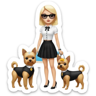 Palm beach Honey Barbie Wednesday Addams , blonde, full body visible, small 2 piece, sunglasses,heels,yorkie dog  sticker