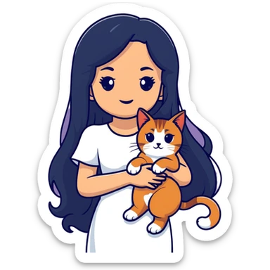 A beautiful girl with long black hair wearing a white dress holds an Abyssinian cat in her arms sticker