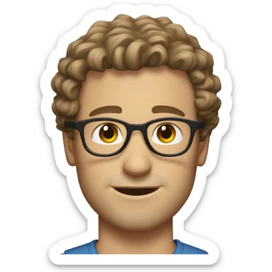 Caucasian male, shoulder length curly brown hair, brown glasses, stubble sticker
