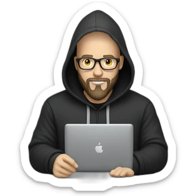 bald white man with glasses and a black beard typing on apple computer wearing a black hoodie sticker