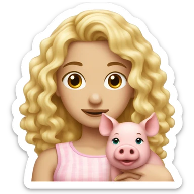 pretty long curly blonde girl holding a pig sticker