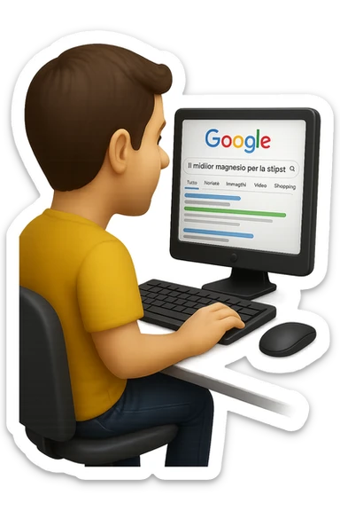 emoji stile iphone di un uomo davanti al pc che cerca di google: "Il miglior magnesio per la stipsi", iperrealistico 4k sticker