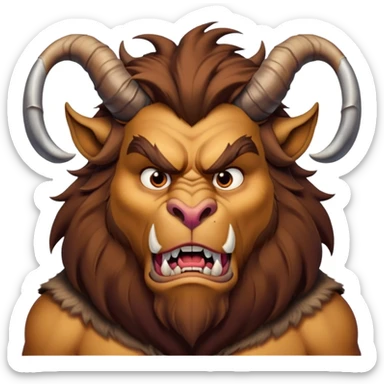 Beast from Beauty and the Beast with human mouth but angry expression, furrowed brow, still with horns and fur sticker