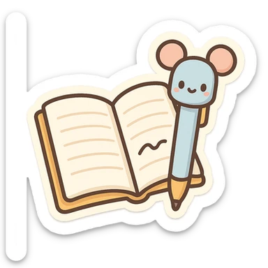 open notebook with a cute pen with ears on the side, chibi stickers style, cartoonish, friendly sticker