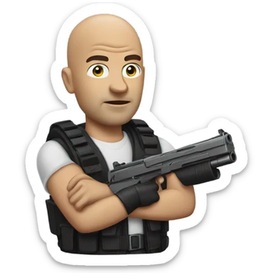 bald guy with a gun sticker