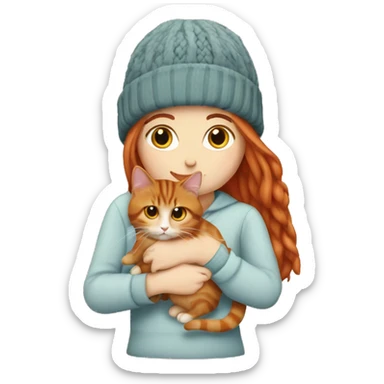Long Red haired white woman in beanie with holding a long haired tabby cat sticker