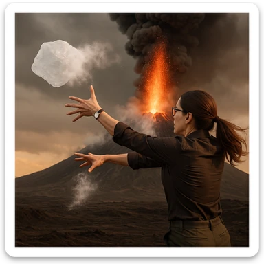 Create a hyperrealistic woman similar to the reference photo, back view, throwing ice onto an active volcano. The ice evaporates immediately with no effect. The expression of effort should be visible in the body language. The scene is symbolic with detailed features. sticker