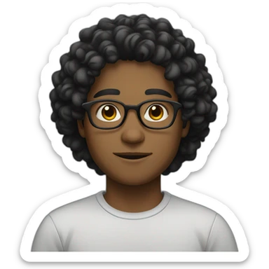 A young man wearing glasses, his skin is very light black , and He has long curly hair and a black winter shirt as well sticker