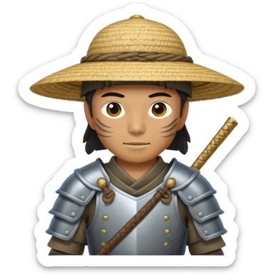 Samurai with straw hat, Warrior in armor holding wide hat sticker