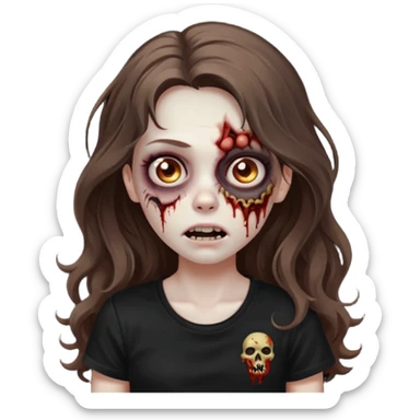 crie um emoji de uma garota zoombie cabelo castanho e longo , assustadora e fofa com cabelo ondulado 2b e camiseta básica preta sticker