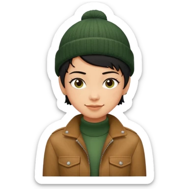 tan skin, non binary person with pixie cut black hair, wearing brown jacket and dark green beanie, shy smile  sticker
