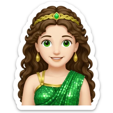 Juno, Goddess of Marriage from Roman Deities with long brunette wavy hair, green sequin toga sticker
