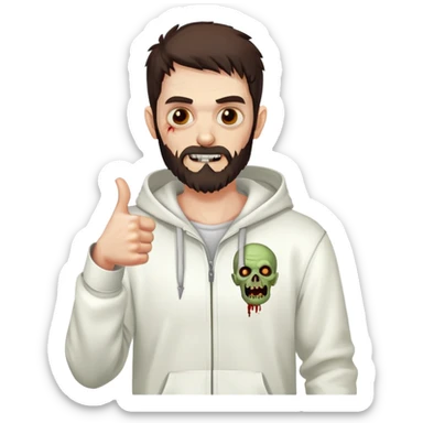 zombie with thumbs up gesture wearing white hoodie, with dark brown hair and short full beard sticker