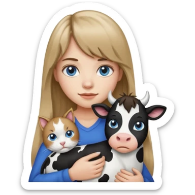 Apple-style emoji sticker of a young woman with long dark blond hair and bang, blue eyes , holding a cat black and white like a cow patch on her chest.  sticker