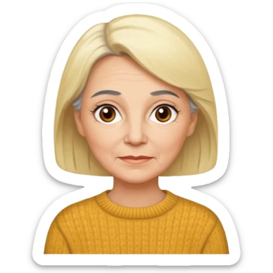 Rea emoji bionda di 70 anni occhi castani sopracciglia nere faccia più paffutella e maglione grigio ma le sopracciglia nere sticker