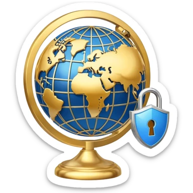 A secure network icon with shield and lock protecting a globe with network connections sticker