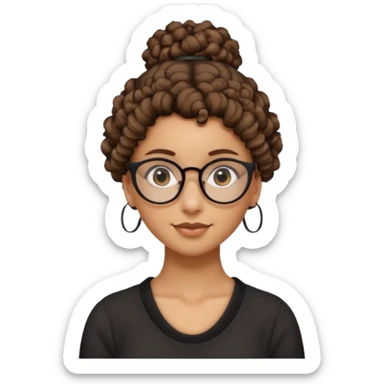 un chica con pelo rizado el peinadpo: un recogido osea todo el pelo recogido menos dos mechones alante que le llega hasta el cuello. luego pil un poco morena ojos marrones y tiene gafas negras y son exagonales pero un poco redondeadas.  sticker