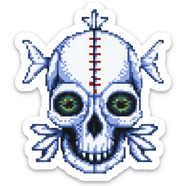 pixel art fish skull logo with X eyes and bone elements sticker