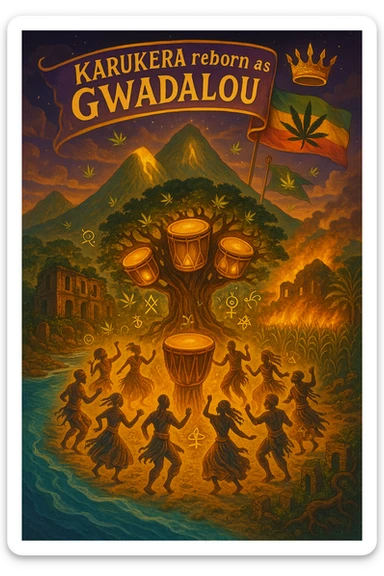 Create a powerful, surreal vision of the Caribbean island Guadeloupe, reimagined as ‘Guadeloupe' — its sacred, sovereign identity restored. The island is lush, tropical, and volcanic, with two green volcanoes glowing golden at the peaks. In the center stands a giant mystical Drum Tree, its branches bearing carved drums instead of fruit, glowing with rhythmic light. Ancestral spirits of African and indigenous lineage dance in a circle around the tree, surrounded by floating ganja leaves and sacred symbols. Sugarcane fields burn gently in the background, symbolizing the end of colonial suffering. Ruins of colonial buildings crumble into the earth, reclaimed by vines and jungle. Above the island, a glowing banner in the sky reads: ‘Karukera reborn as Gwadaloo.’ A ganja-leaf flag waves high in red, green, and gold, and a golden Creole crown floats in the sky above the island — not worn by any man, but held in rhythm. The ocean is turquoise, the light is divine, and the entire scene radiates spiritual victory, cultural remembrance, and cosmic rhythm. Use a warm, cinematic palette of golds, greens, blues, and purples. Style should feel epic, sacred, and symbolic — a rebirth of Caribbean power. sticker