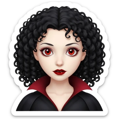 cabelos cacheados pretos, corte em camadas, pele pálida, olhos vermelhos escuros, vampiro, sexo feminino sticker