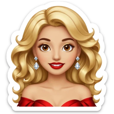 “Emoji girl, glamorous smile, shimmering gold eyeshadow, bold red lips, voluminous waves, dramatic lashes, wearing diamond earrings and gold gown.” sticker