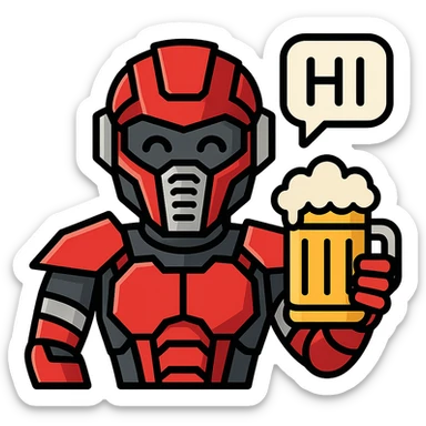 Sector from Mortal Kombat, robotic cyborg with red and silver armor, holding a beer mug, cheerful expression, speech bubble saying 'HI' sticker