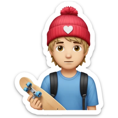 Skater Boi Boyfriend Emoji beanie, messy hair, bandaid, skateboard, chill eyes, sticker