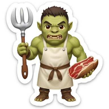 orc make Apron with "Kiss the Cook" (scratched out, replaced with "Fear the Cook"), giant rib bone as a weapon. sticker