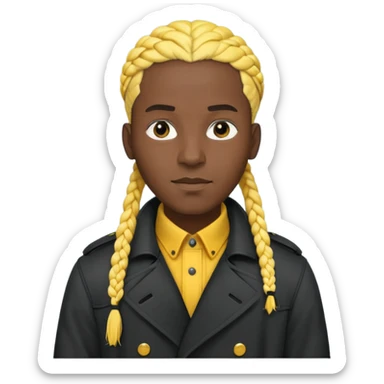 black fat man with yellow braids wearing a black trench coat, working coat check sticker