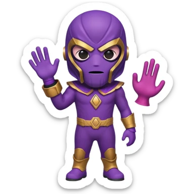 cute emoji character of Thanos wearing Squid Game guard red jumpsuit and black mask with triangle symbol, purple skin, strong jawline, Infinity Gauntlet, minimalistic, bold lines, bright colors, playful, suitable for small emoji icon sticker