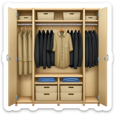 Cartoon wardrobe slightly open showing black shirts, khaki pants, overall, and work clothes neatly organized inside sticker