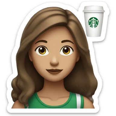 A girl with brown hair and green eyes with a Starbucks cup sticker