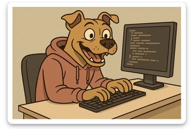 pit-bull character, hoodie, at a desk, typing programming code, energetic sticker