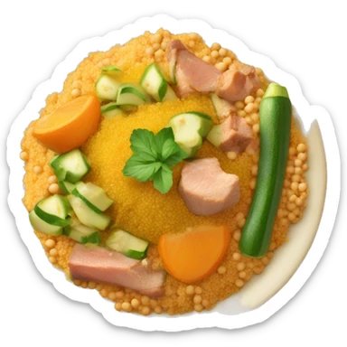 Couscous dish with orange sauce, carrots, zucchini, chickpeas and meat on top sticker