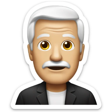 old man in black shirt with Trump hairstyle sticker