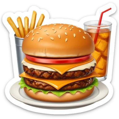 BBQ BACON BURGER, LARGE ORDER OF FRIES, ORANGE SODA WITH NO ICE, AND PIECE OF HOT APPLE PIE. sticker