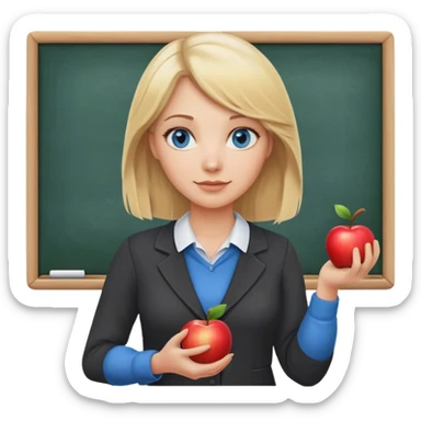 blonde hair blue eyes teacher female with apple and chalkboard sticker