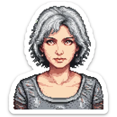 close-up of a 50-year-old woman with gray and black hair, neutral expression, pixel art style sticker
