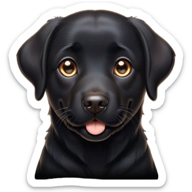Cinematic Cute Black Labrador Portrait Emoji, Head tilted playfully and inquisitively, featuring a glossy black Fur with a healthy sheen, round, sparkling brown eyes filled with curiosity, Simplified yet irresistibly adorable features, highly detailed, glowing with a warm, friendly glow, high shine, affectionate and spirited, stylized with a touch of whimsy, bright and endearing, soft glowing outline, capturing the essence of a mischievous yet loving companion, so playful it feels like it could dash out of the screen and into your arms! sticker