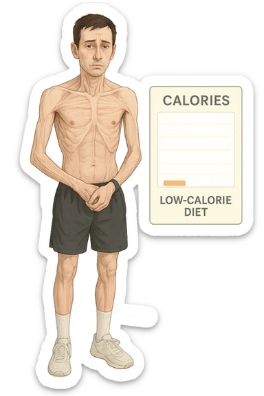 a lean man stands in a clinical setting, with a semi-transparent overlay showing reduced muscle mass and minimal fat stores. His expression is slightly fatigued, and a digital chart beside him displays a low daily calorie intake. The background is clean and modern, emphasizing the effects of a low-calorie diet. sticker