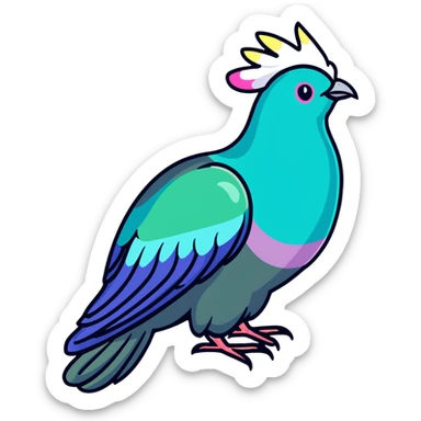 Nicobar pigeon with colorful iridescent feathers, long neck and distinctive white tail sticker